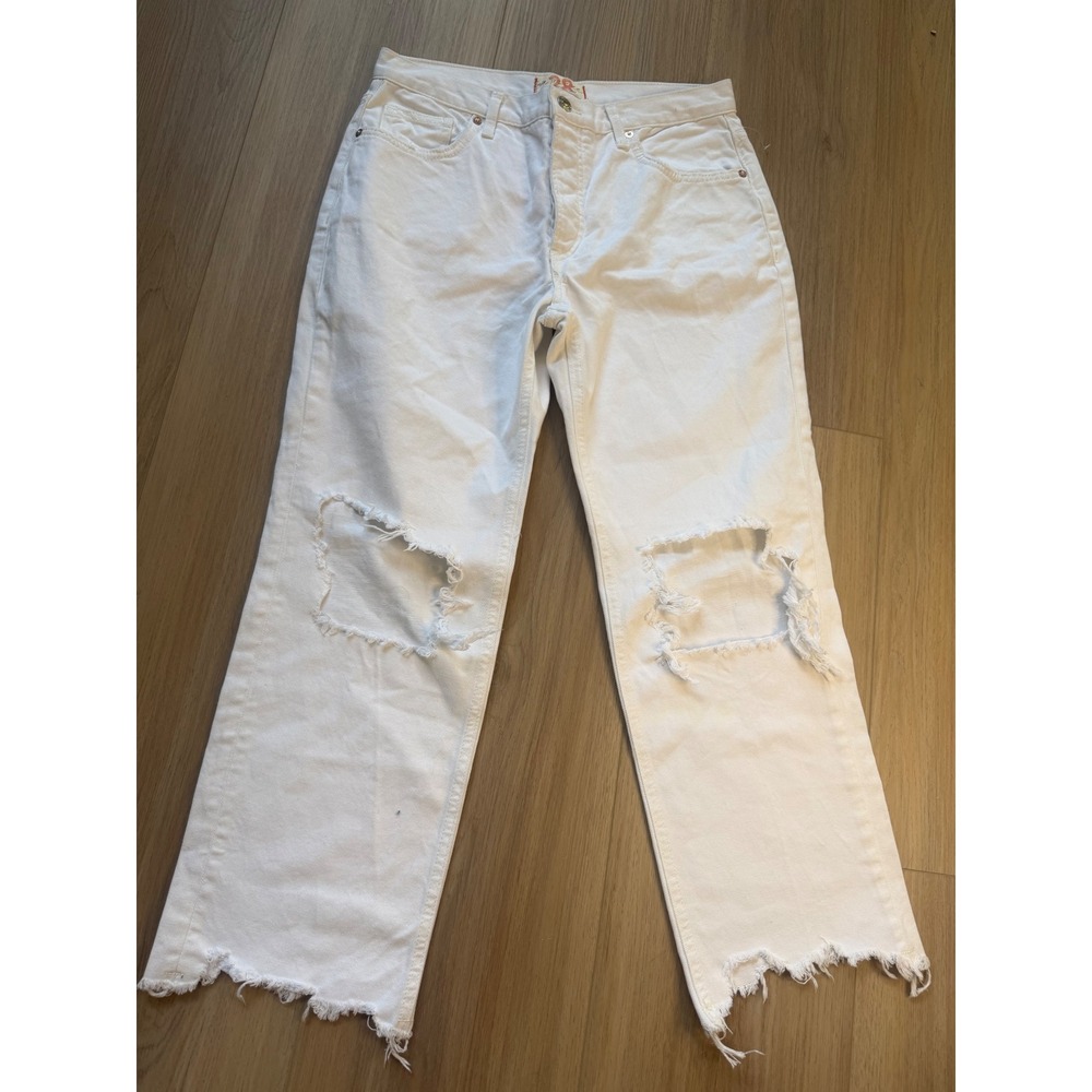 Free People We The Free Twenty-Eight White Distressed Ripped Raw Hem Jeans